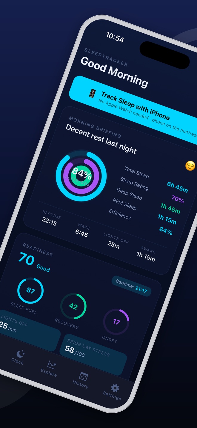 SleepTracker morning briefing with sleep rings