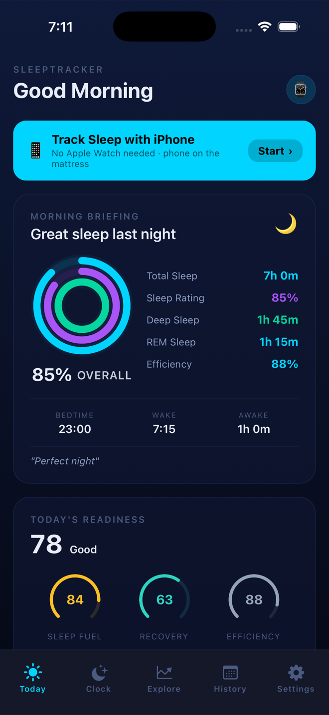 SleepTracker morning briefing with sleep rings